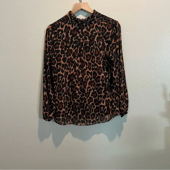 J.Crew Smocked Popover Top Leopard Crinkle Chiffon Blouse - Picture 6 of 8